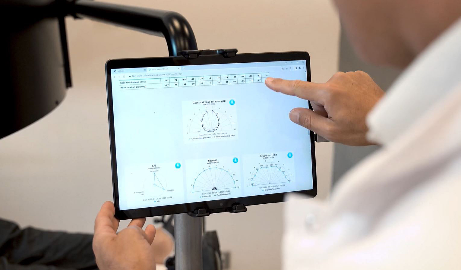 Dottere analizza i grafici AvDesk del-decadimento cognitivo di un paziente allettato sul monitor