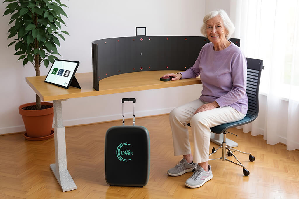 Donna anziana utilizza il dispositivo medico AvDesk a domicilio per attività di valutazione e riabilitazione neuro-visiva in telemedicina.