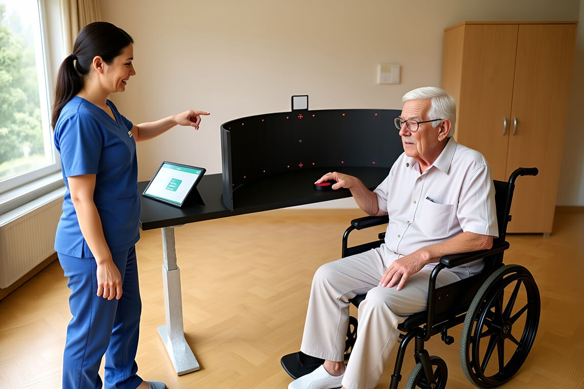 Operatrice sanitaria assiste un anziano in carrozzina durante una valutazione neuro-visiva e cognitiva con il dispositivo AvDesk in una RSA.