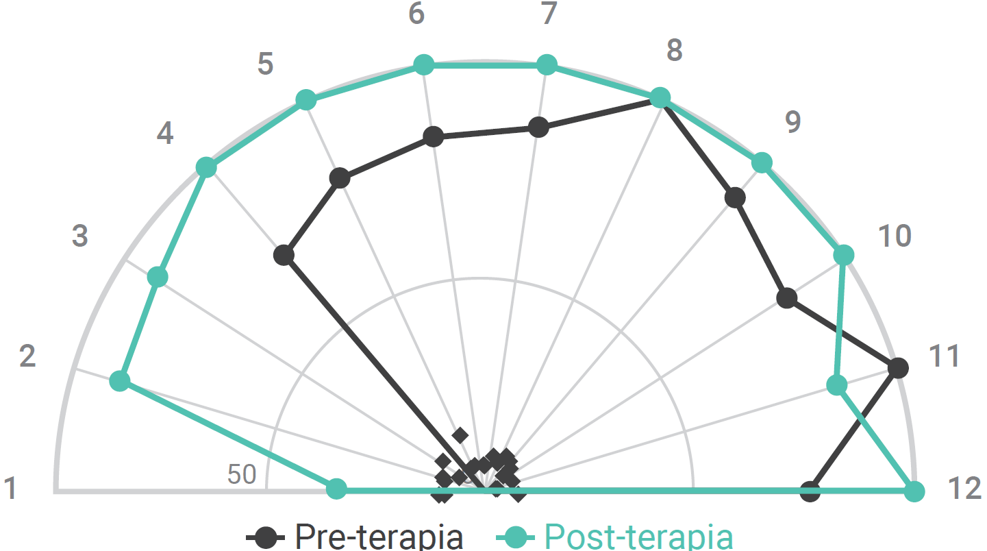 Grafico della capacità di rilevamento nei 12 settori del campo visivo, prima e dopo 20 ore di trattamento con AvDesk: nell'emicampo compromesso passa dal 39% all'86%.